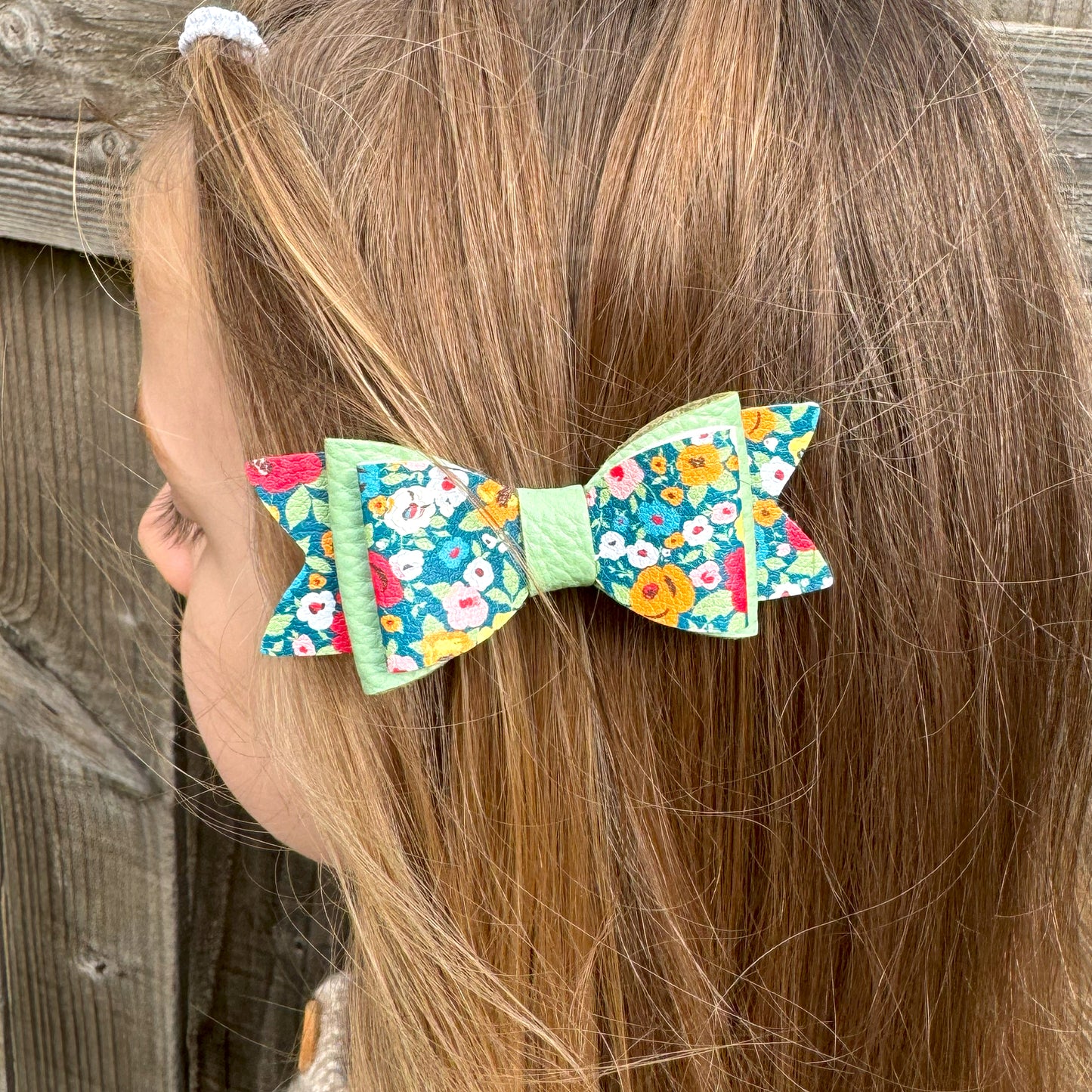 Ditsy Floral & Green Leather Hair Bows