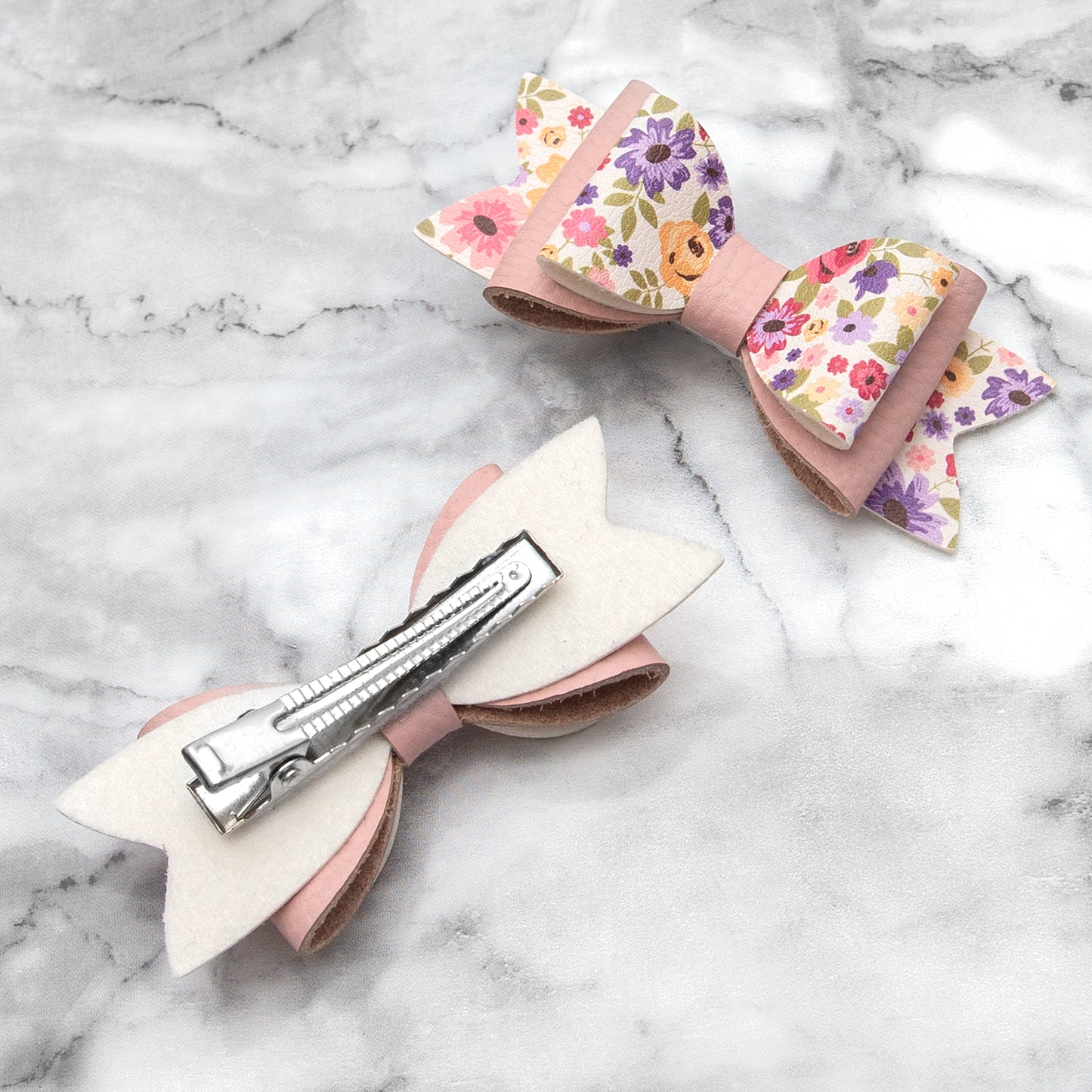 Ditsy Floral & Pink Leather Hair Bows