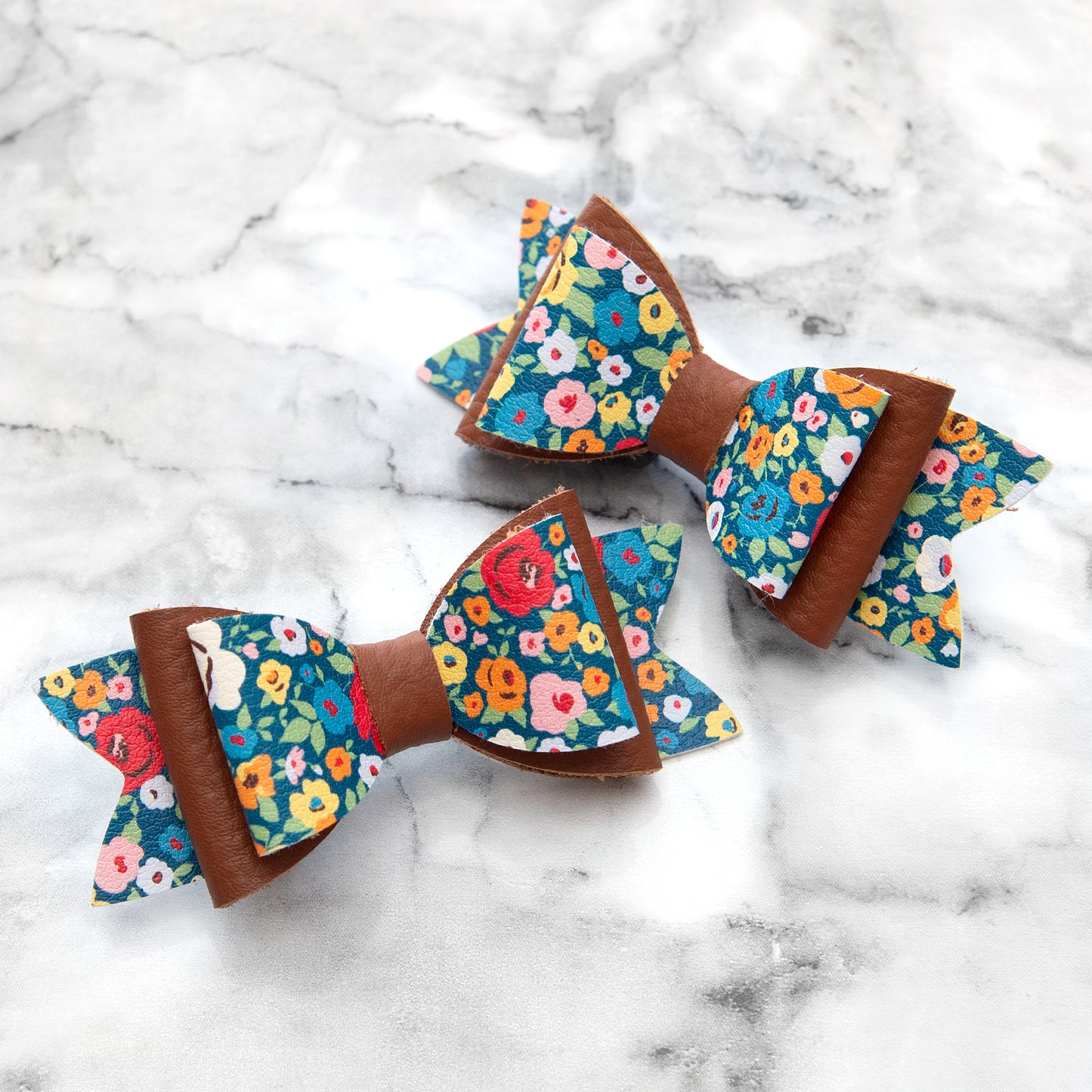 Ditsy Floral & Tan Leather Hair Bows