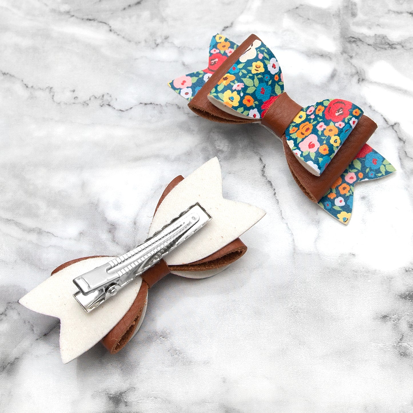 Ditsy Floral & Tan Leather Hair Bows