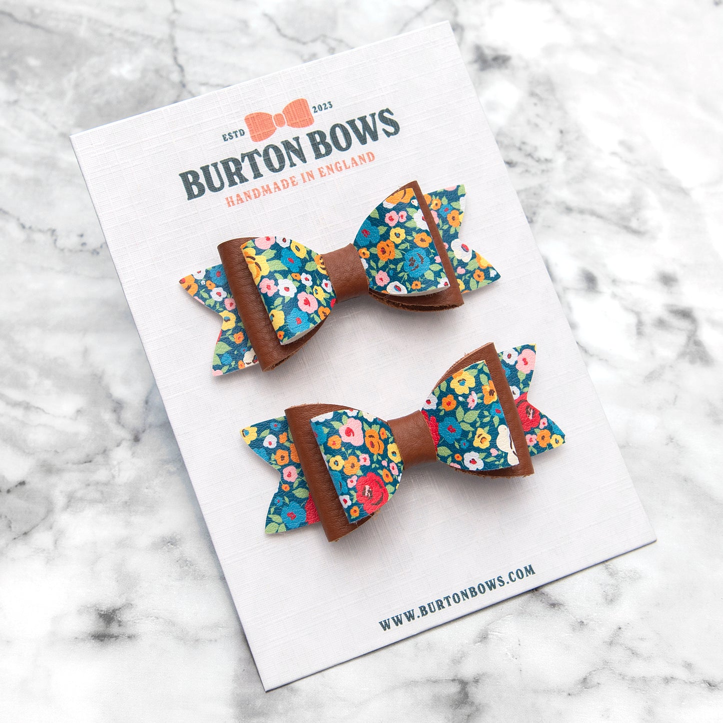 Ditsy Floral & Tan Leather Hair Bows