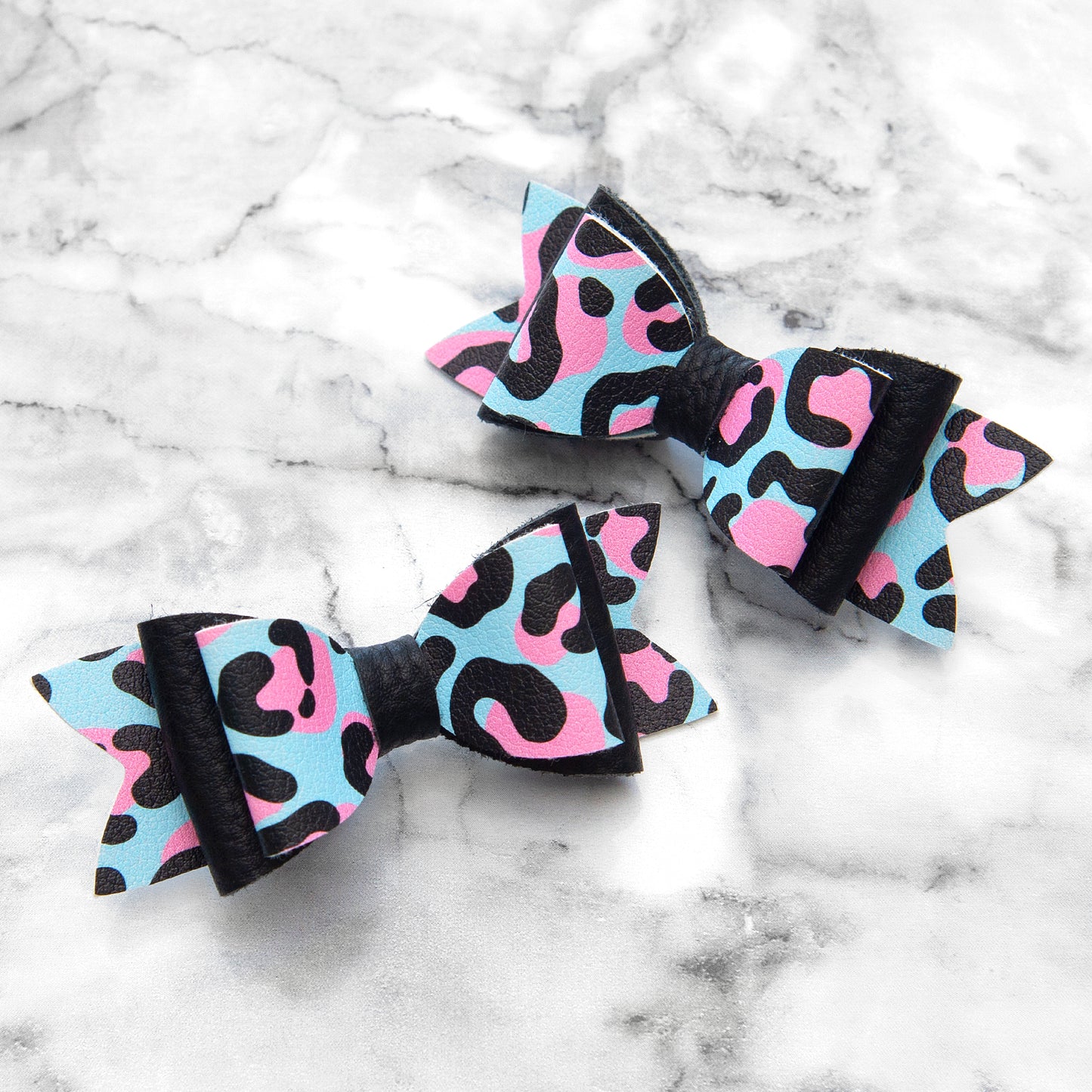 Leopard Print & Black Leather Hair Bows
