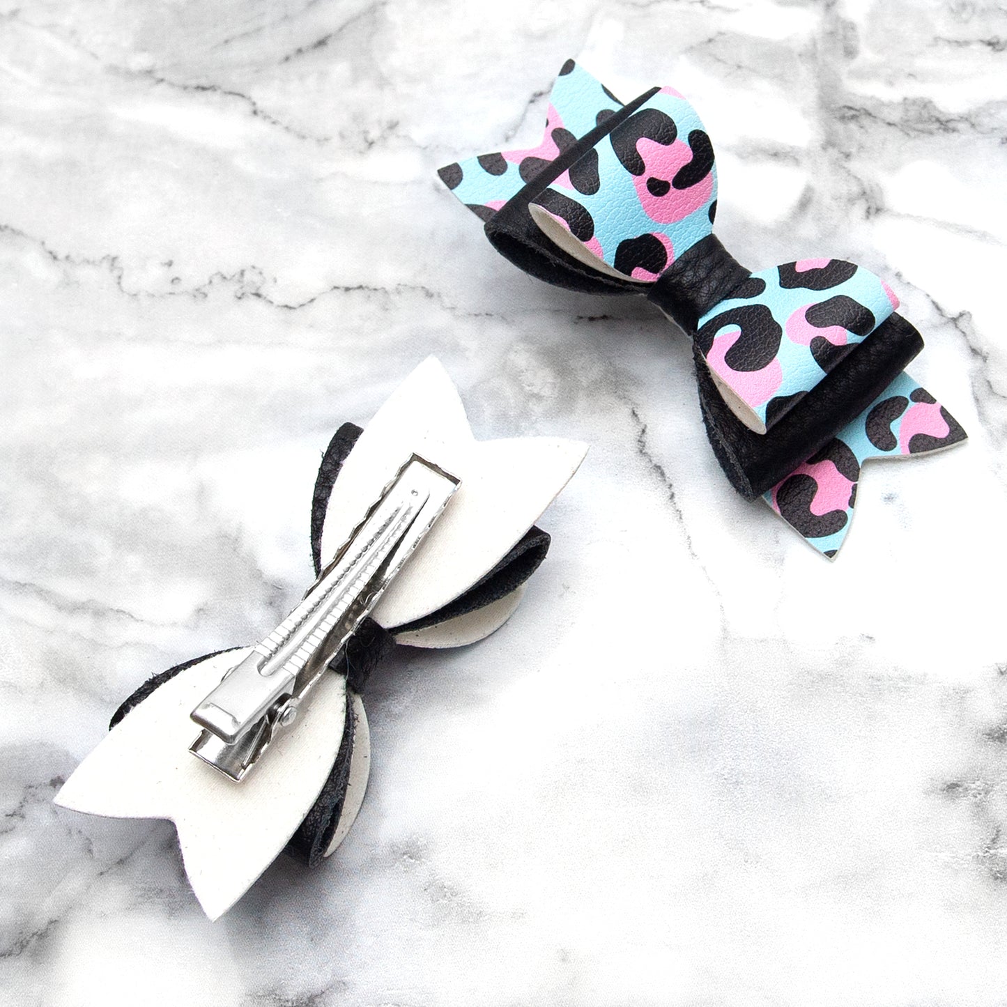 Leopard Print & Black Leather Hair Bows
