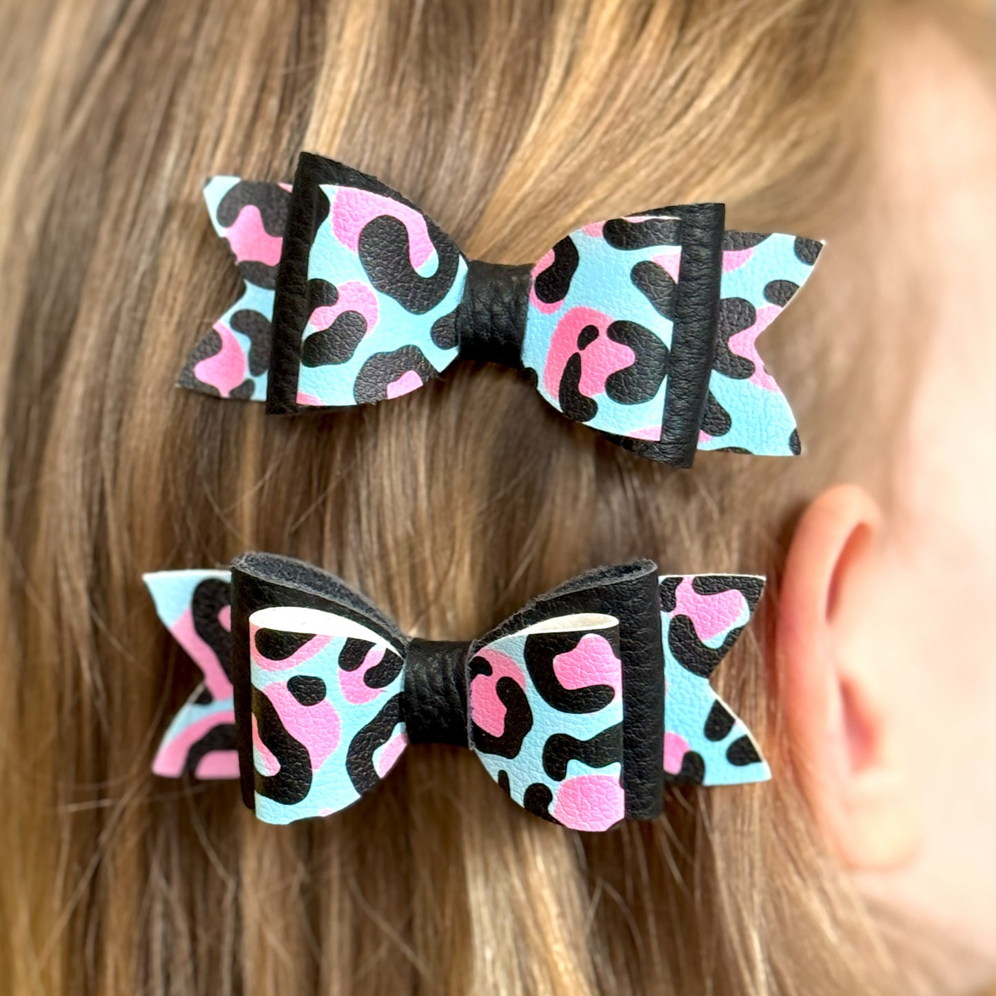 Leopard Print & Black Leather Hair Bows
