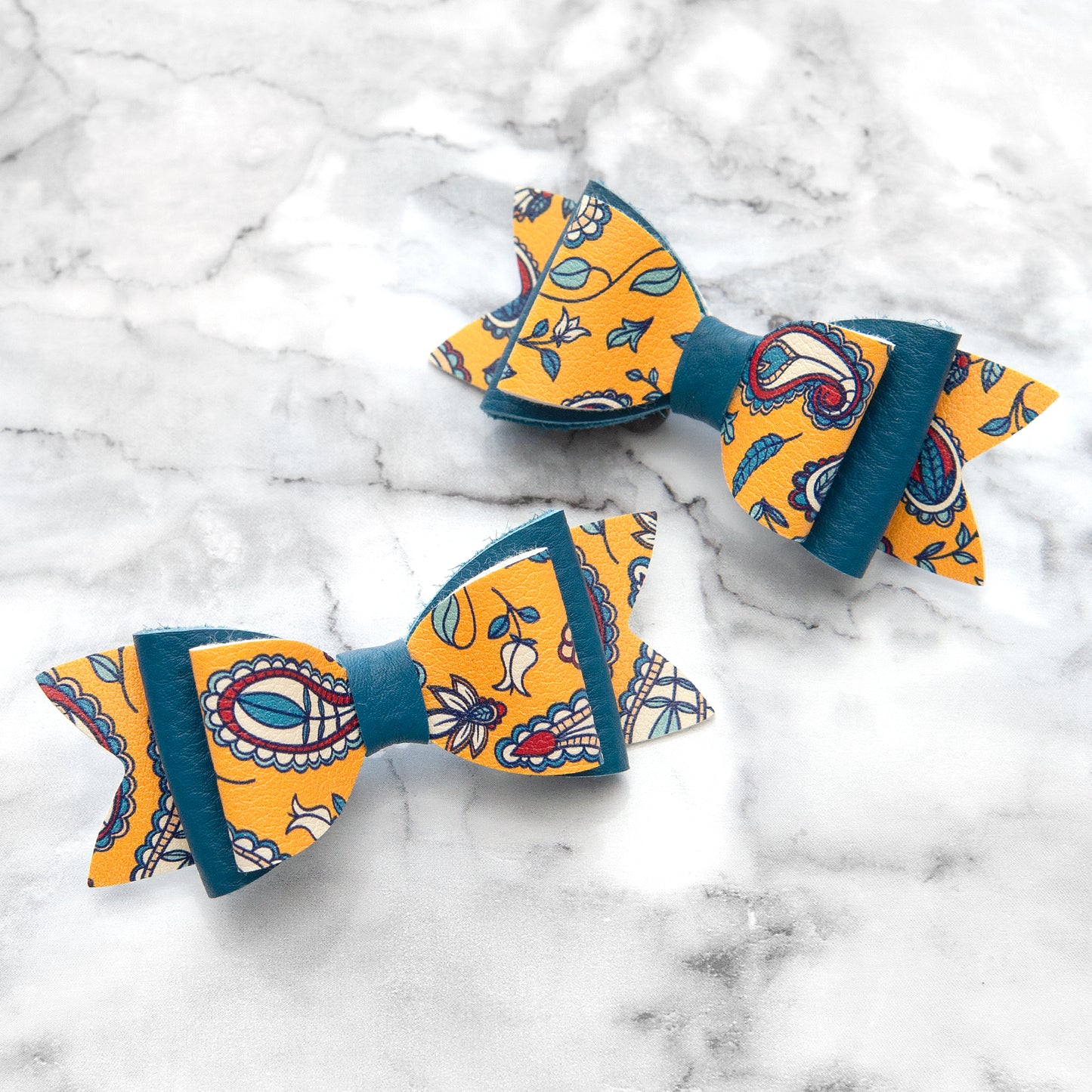 Paisley & Blue Leather Hair Bows