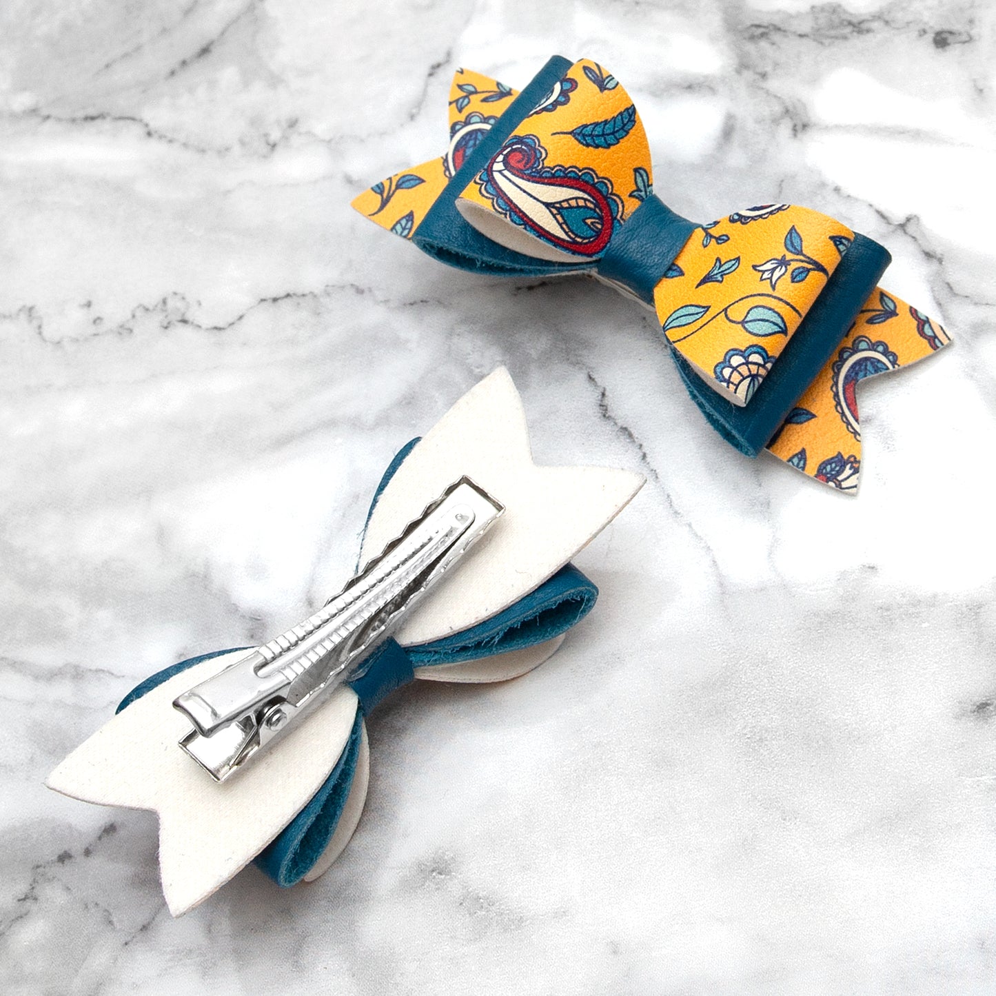 Paisley & Blue Leather Hair Bows