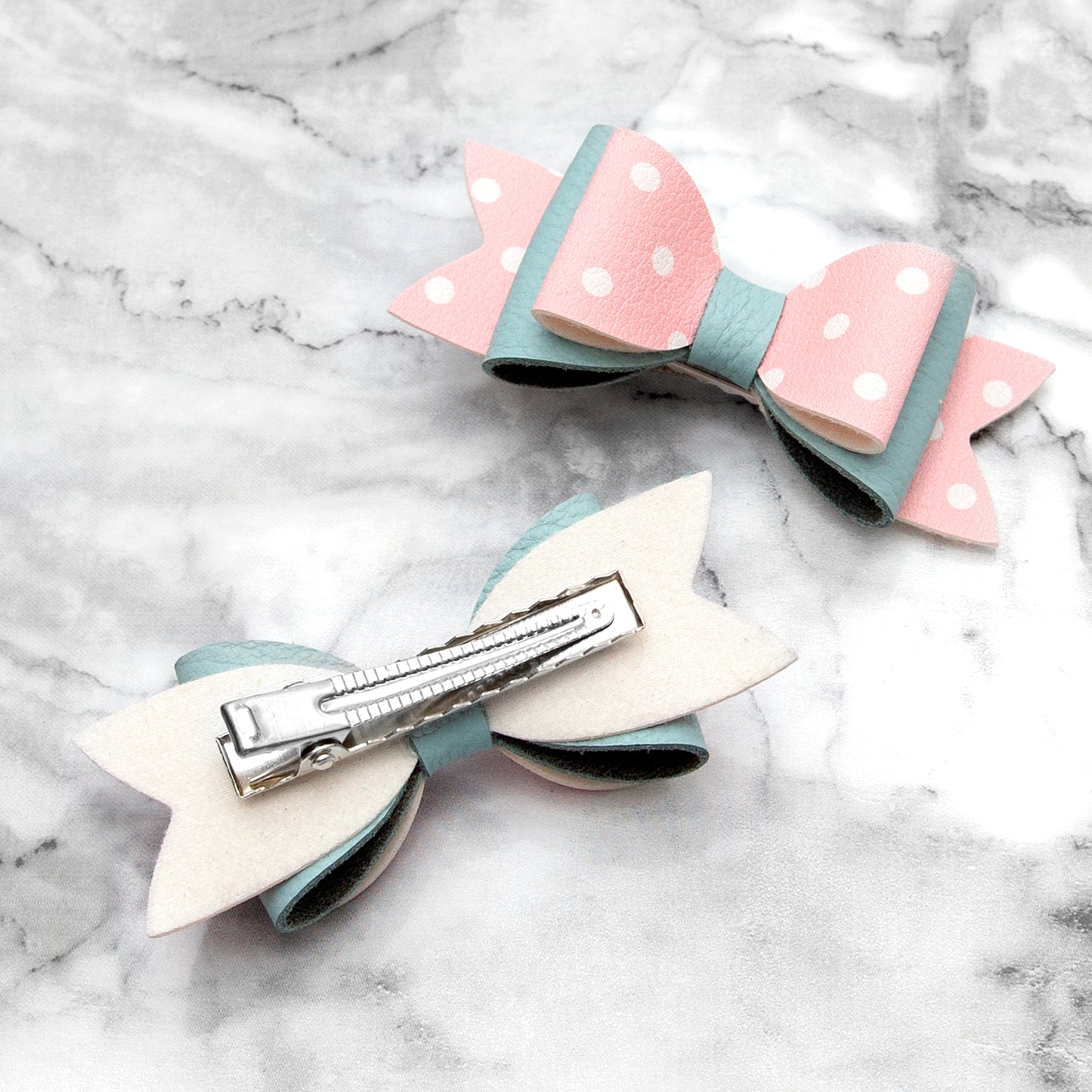 Pink Polka Dot & Blue Leather Hair Bows