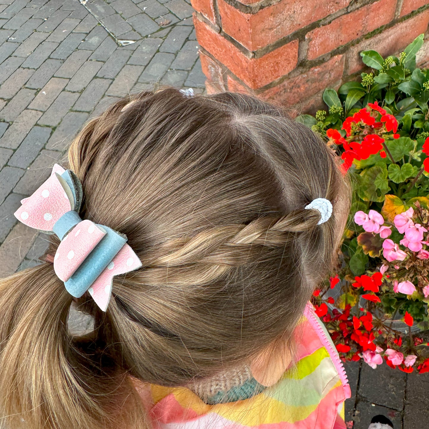 Pink Polka Dot & Blue Leather Hair Bows