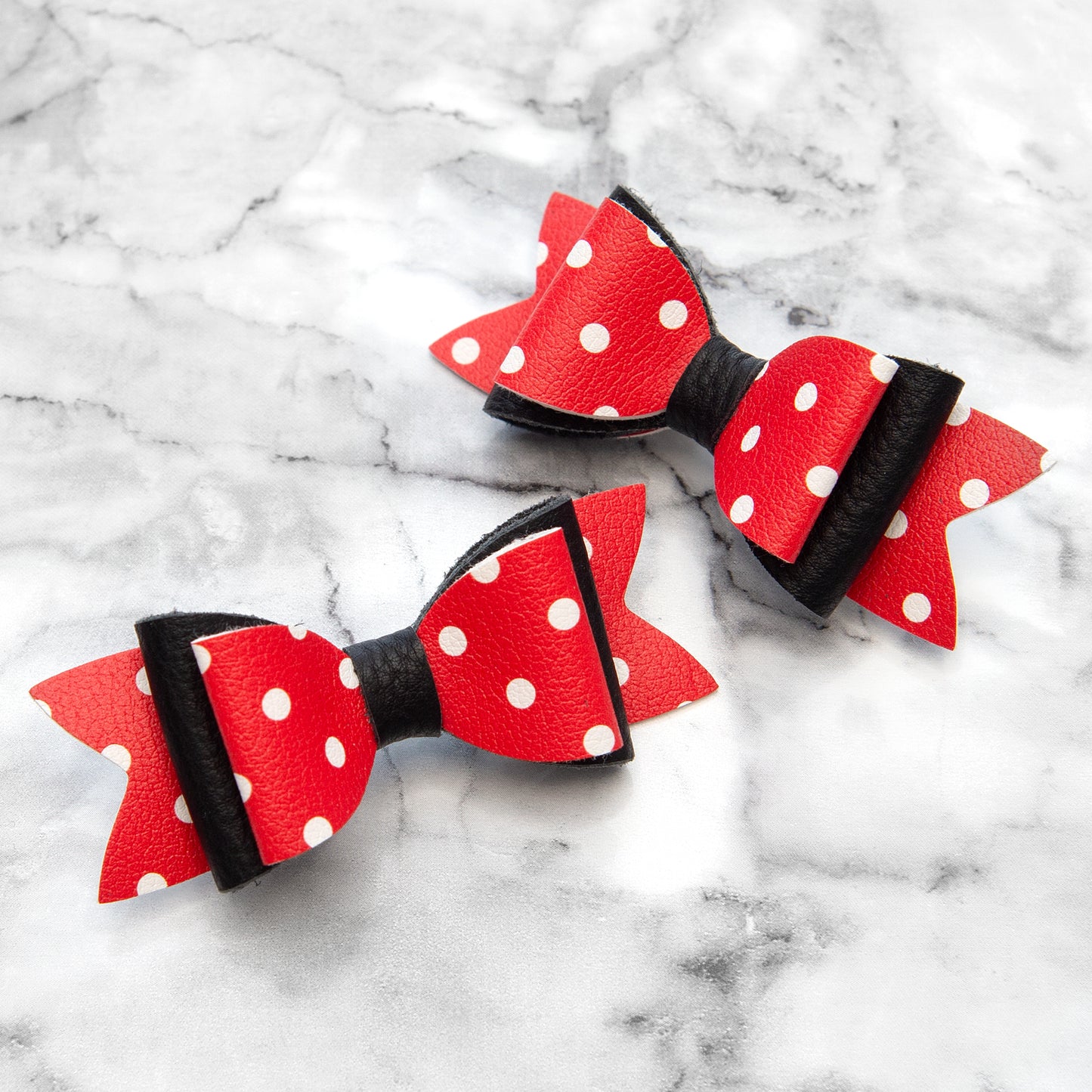 Red Polka Dot & Black Leather Hair Bows