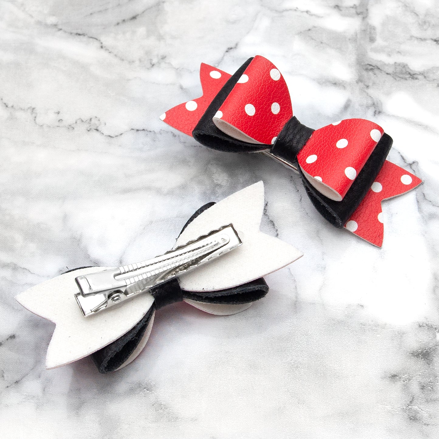 Red Polka Dot & Black Leather Hair Bows