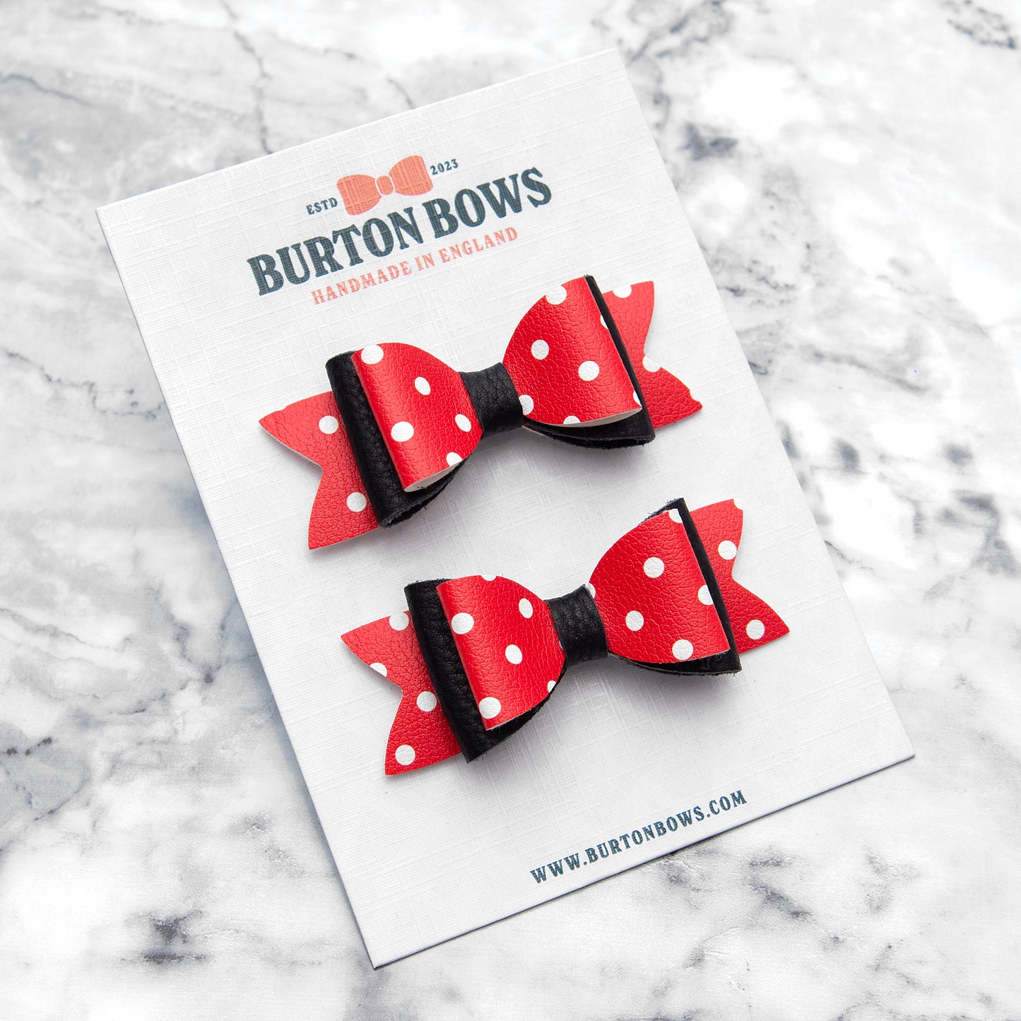 Red Polka Dot & Black Leather Hair Bows