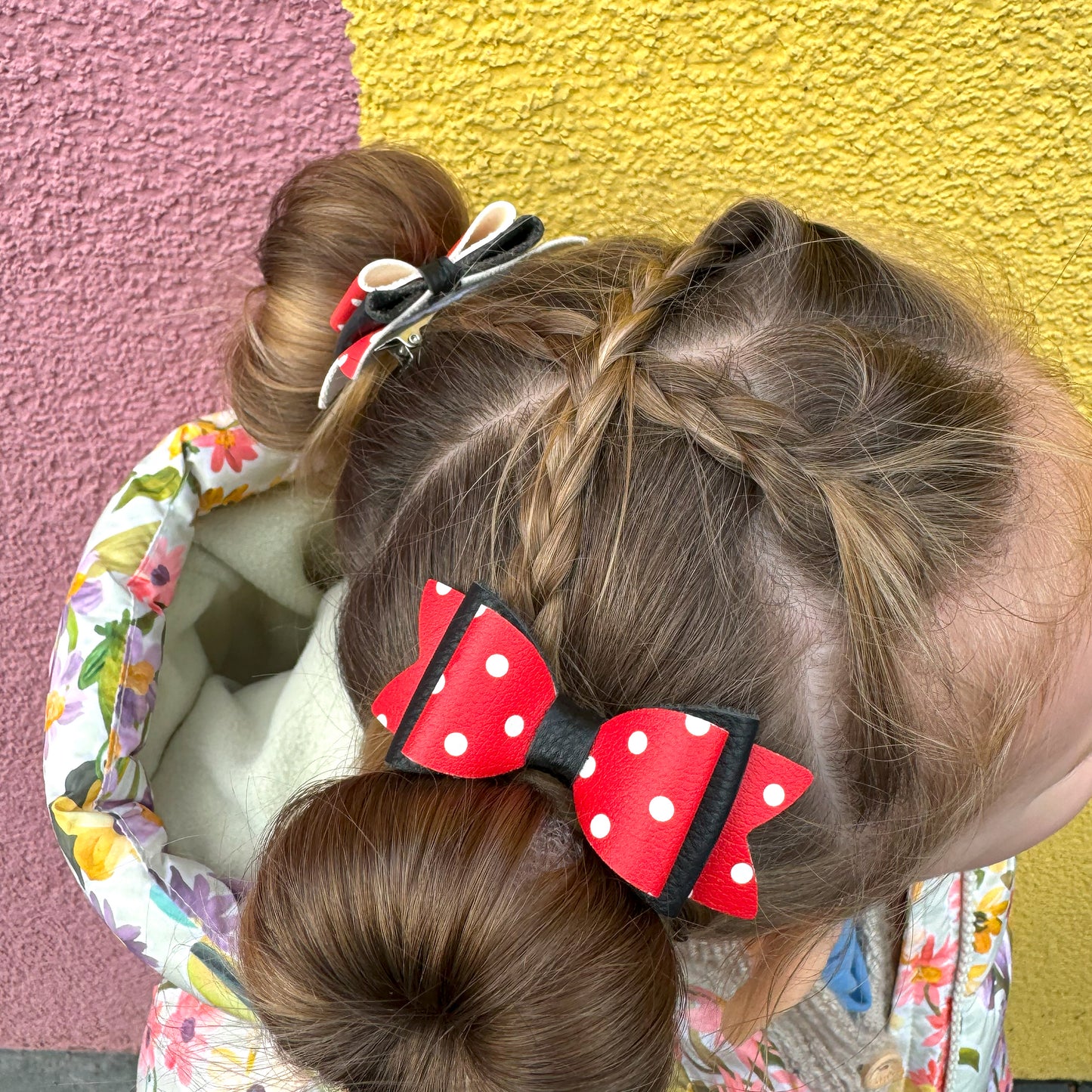 Red Polka Dot & Black Leather Hair Bows