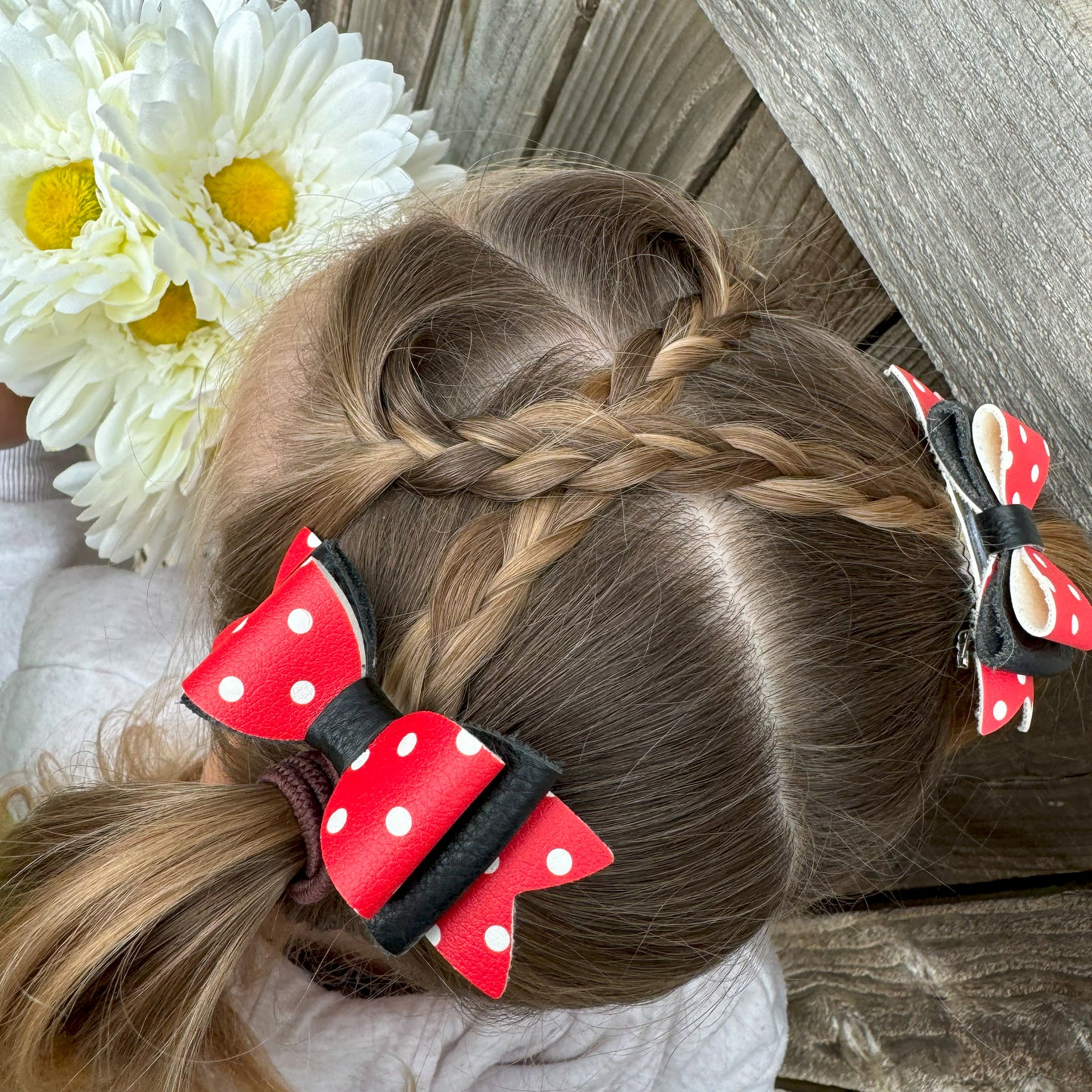 Red Polka Dot & Black Leather Hair Bows