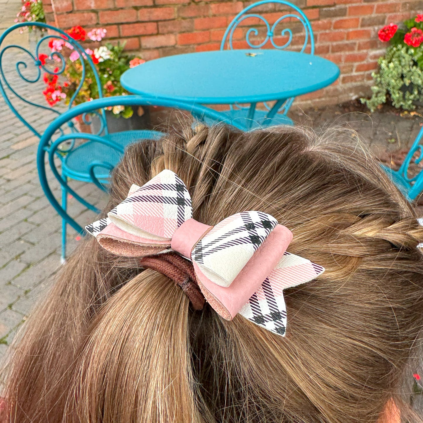 Pink Tartan & Pink Leather Hair Bows