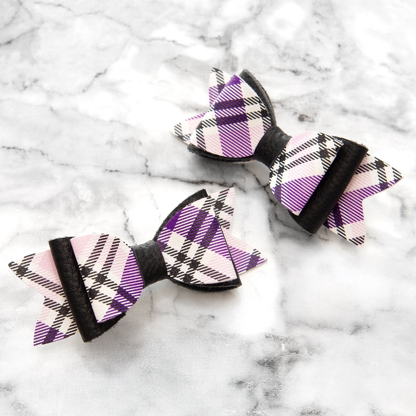 Purple Tartan & Black Leather Hair Bows