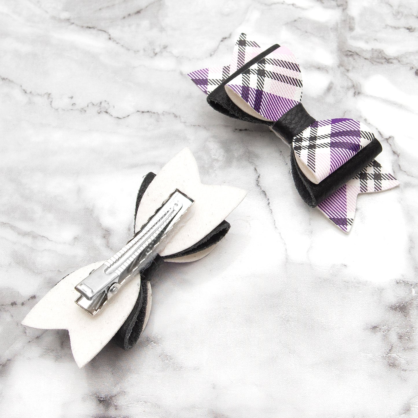 Purple Tartan & Black Leather Hair Bows