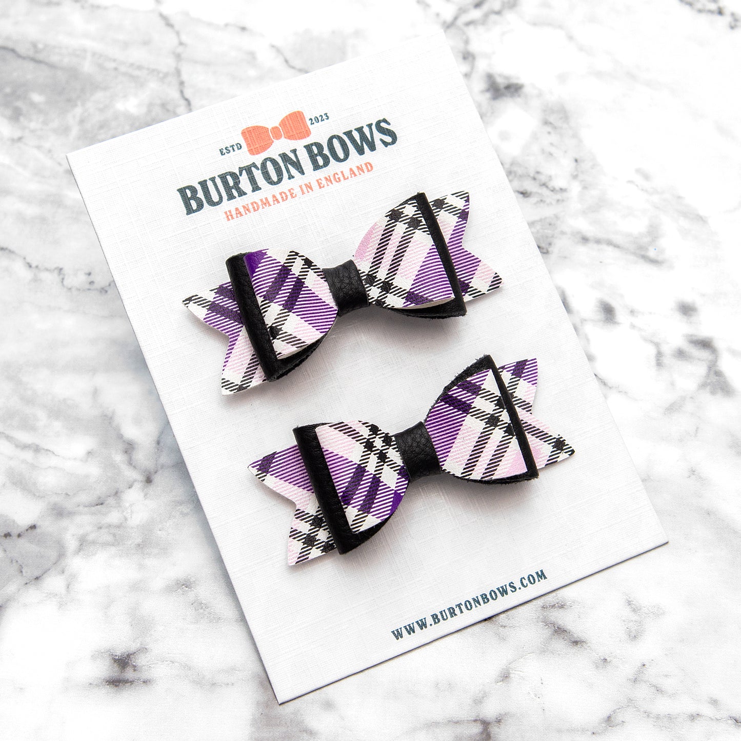 Purple Tartan & Black Leather Hair Bows
