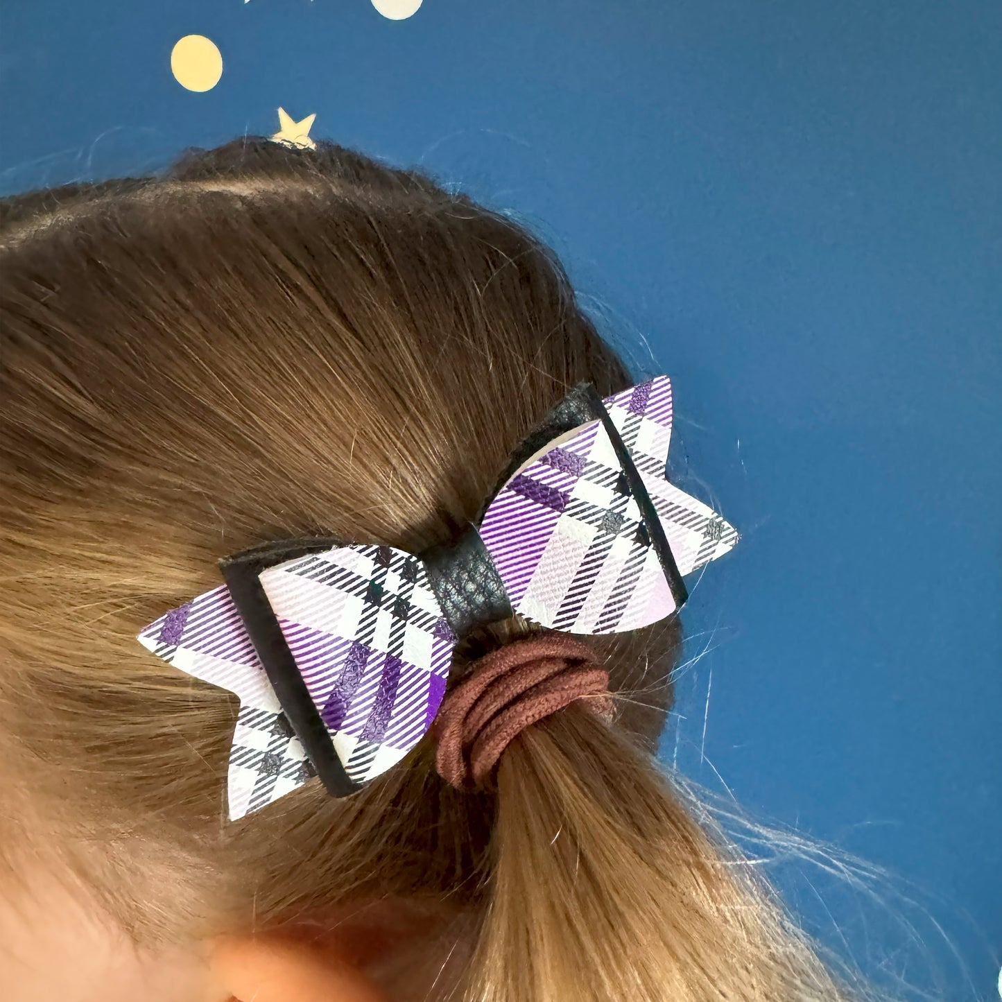 Purple Tartan & Black Leather Hair Bows