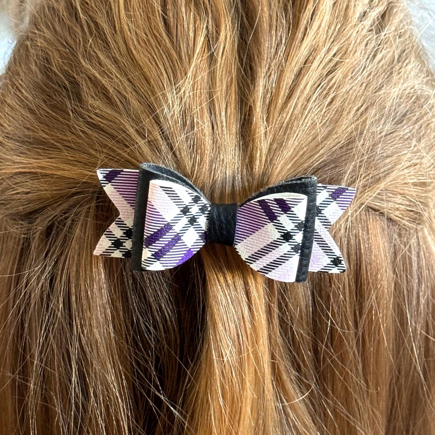 Purple Tartan & Black Leather Hair Bows