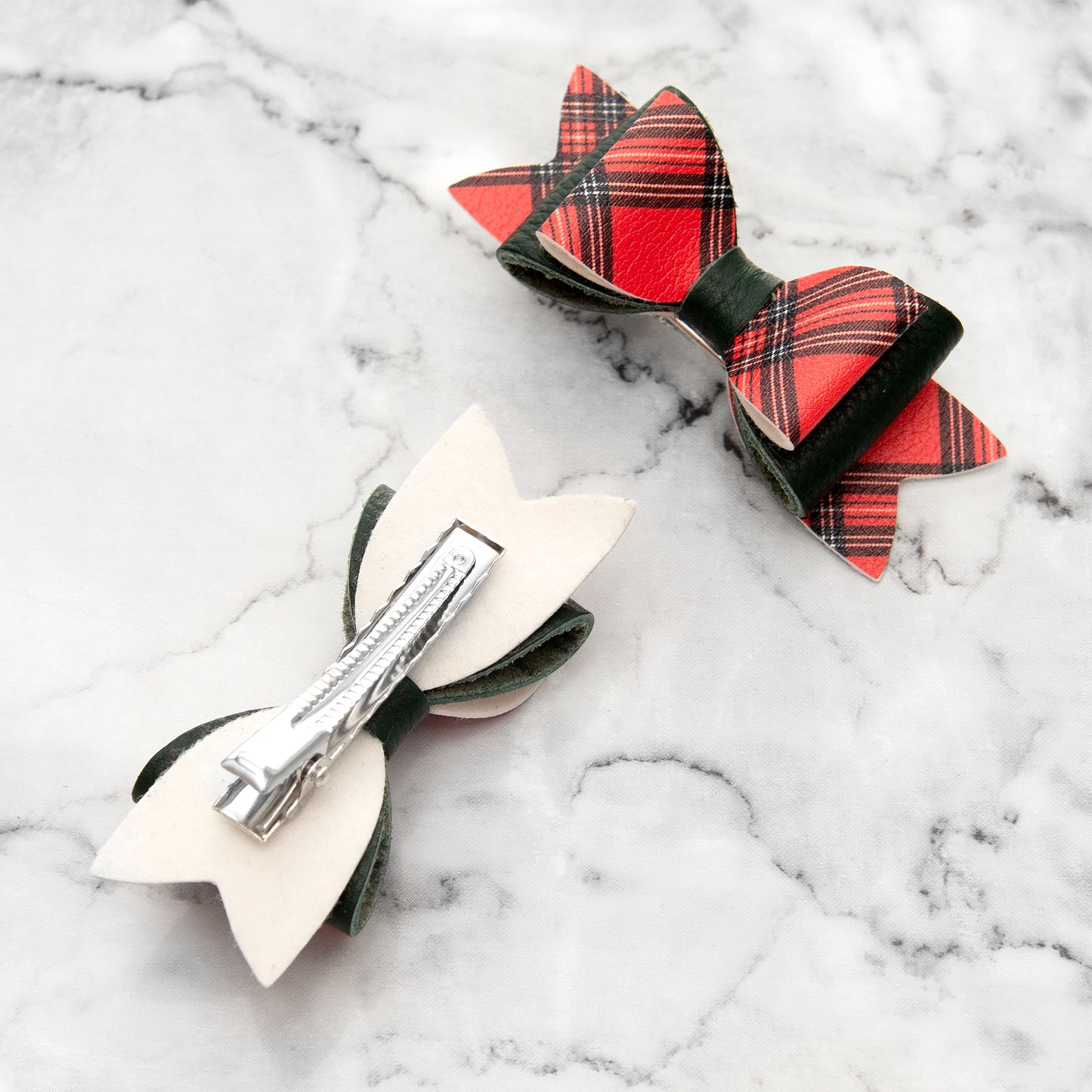 Christmas Tartan & Green Leather Hair Bows