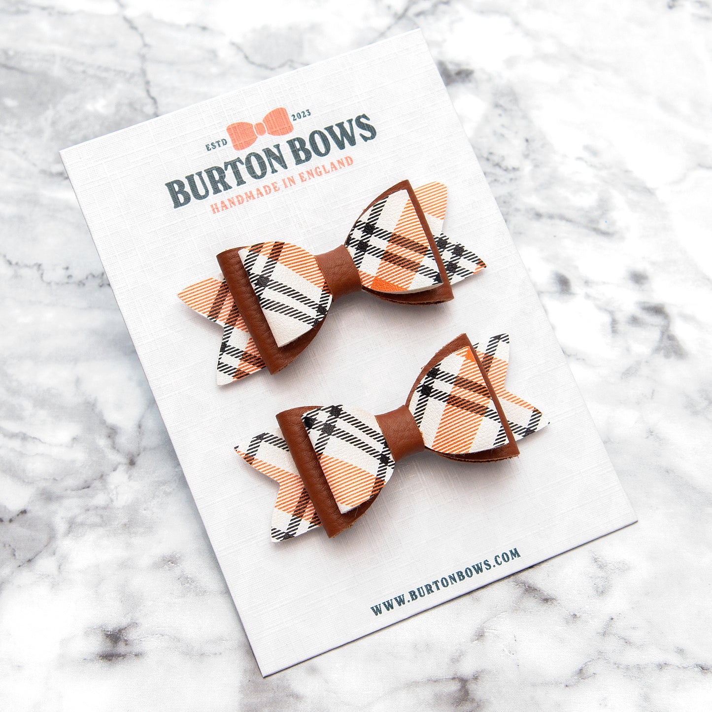 Orange Tartan & Tan Leather Hair Bows