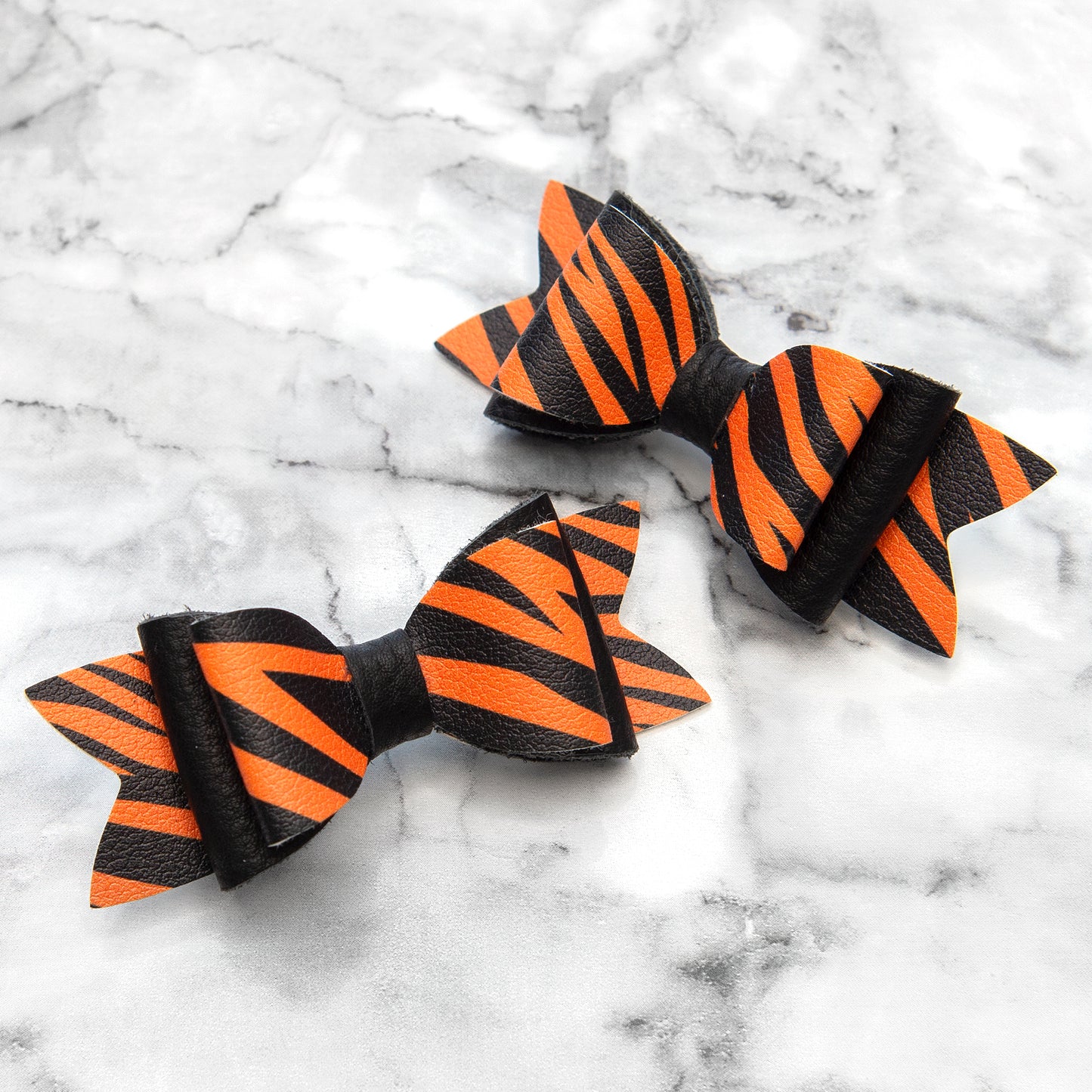 Tiger Stripe & Black Leather Hair Bows