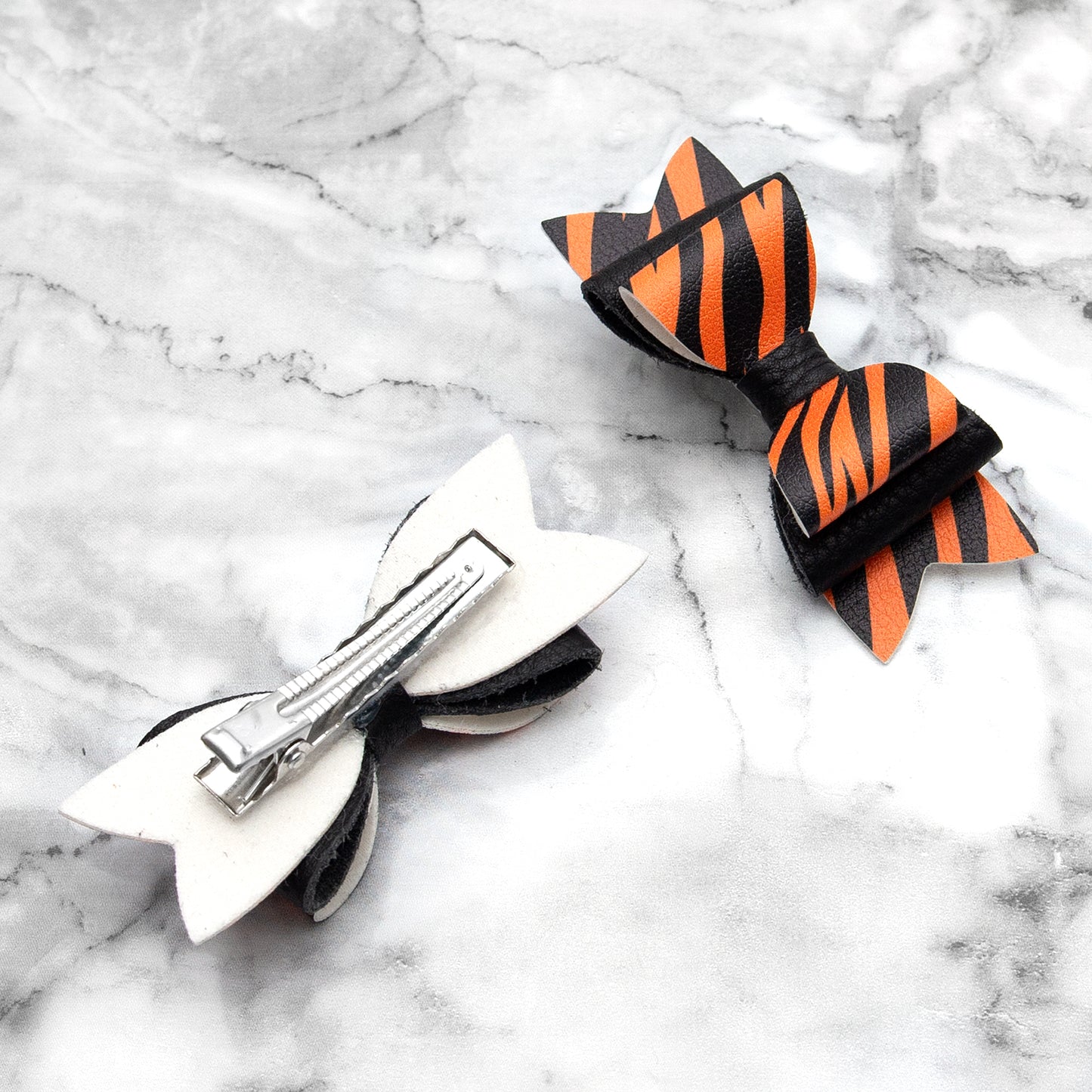 Tiger Stripe & Black Leather Hair Bows