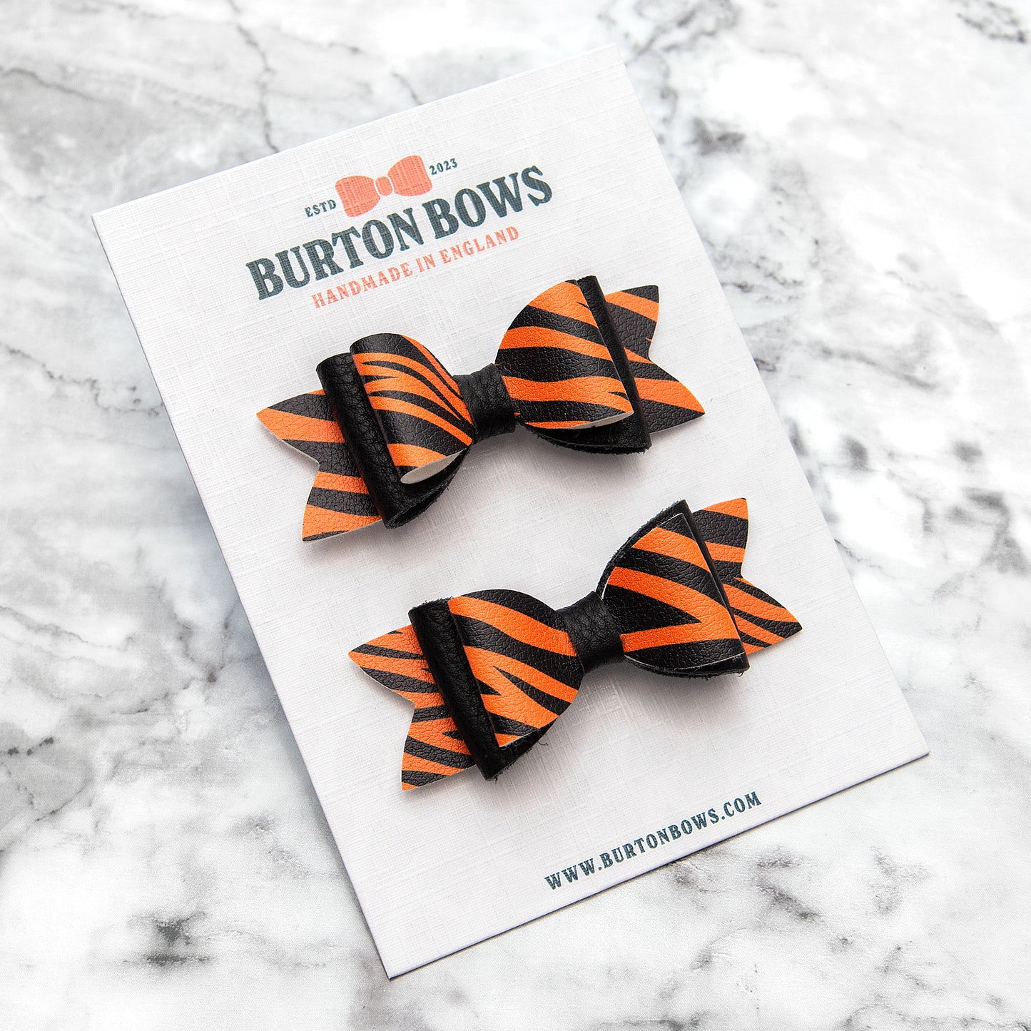 Tiger Stripe & Black Leather Hair Bows