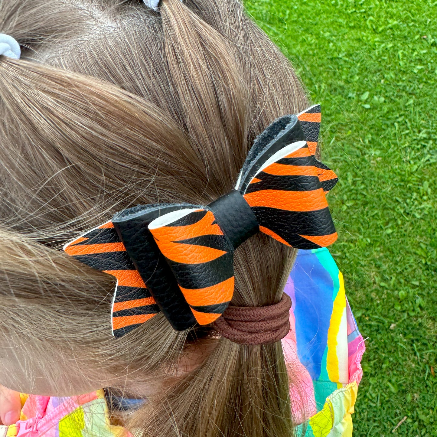 Tiger Stripe & Black Leather Hair Bows