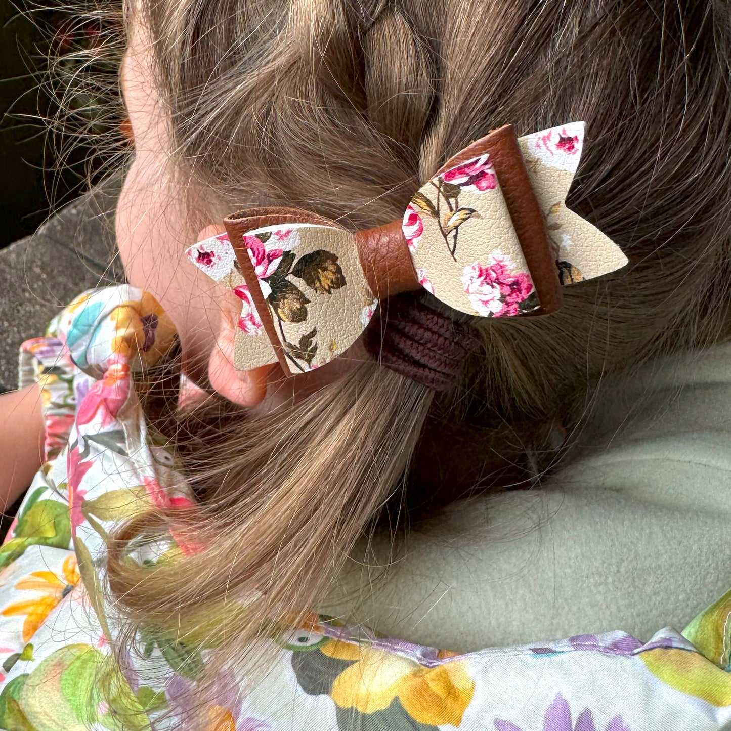 Vintage Floral & Tan Leather Hair Bows