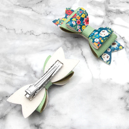 Ditsy Floral & Green Leather Hair Bows