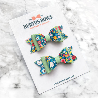 Ditsy Floral & Green Leather Hair Bows