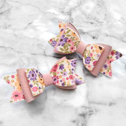 Ditsy Floral & Pink Leather Hair Bows