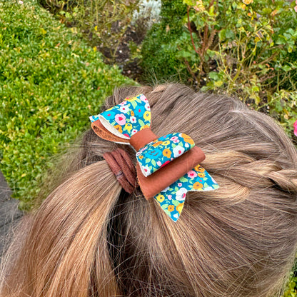 Ditsy Floral & Tan Leather Hair Bows