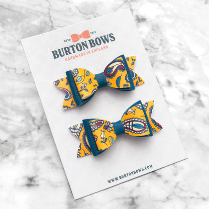 Paisley & Blue Leather Hair Bows