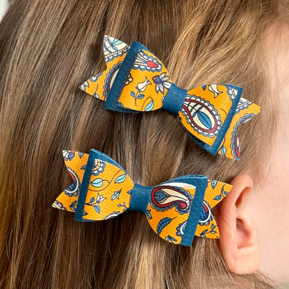 Paisley & Blue Leather Hair Bows