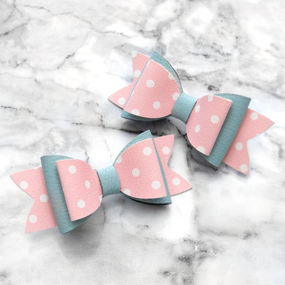 Pink Polka Dot & Blue Leather Hair Bows