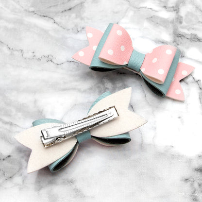 Pink Polka Dot & Blue Leather Hair Bows