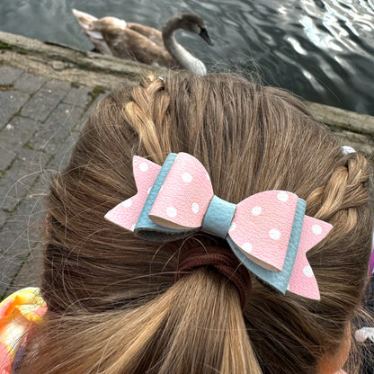 Pink Polka Dot & Blue Leather Hair Bows