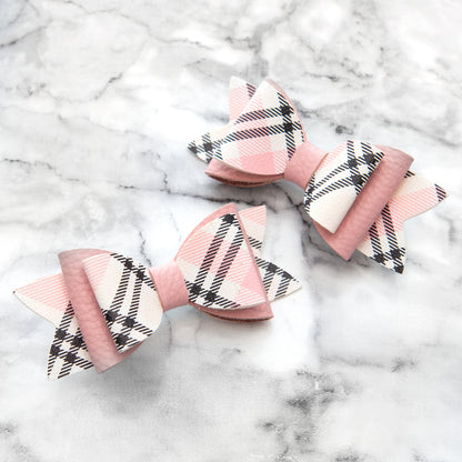 Pink Tartan & Pink Leather Hair Bows