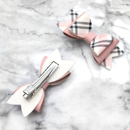 Pink Tartan & Pink Leather Hair Bows