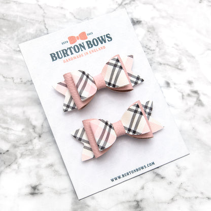 Pink Tartan & Pink Leather Hair Bows