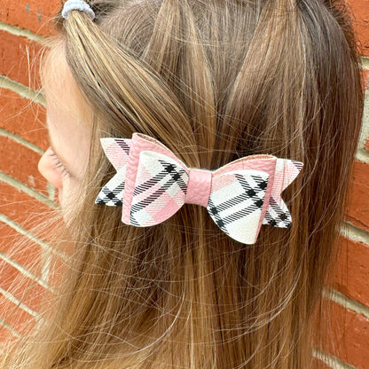 Pink Tartan & Pink Leather Hair Bows