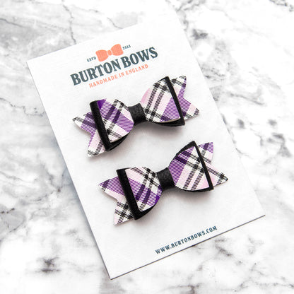 Purple Tartan & Black Leather Hair Bows