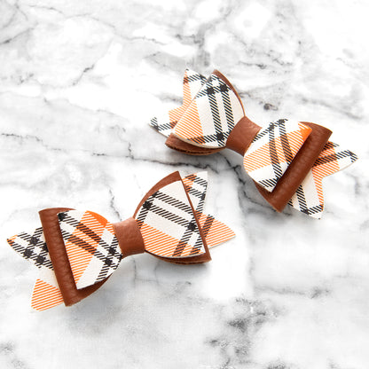 Orange Tartan & Tan Leather Hair Bows