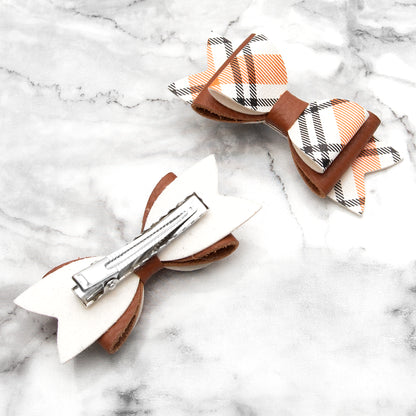 Orange Tartan & Tan Leather Hair Bows