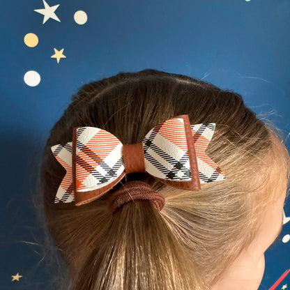 Orange Tartan & Tan Leather Hair Bows