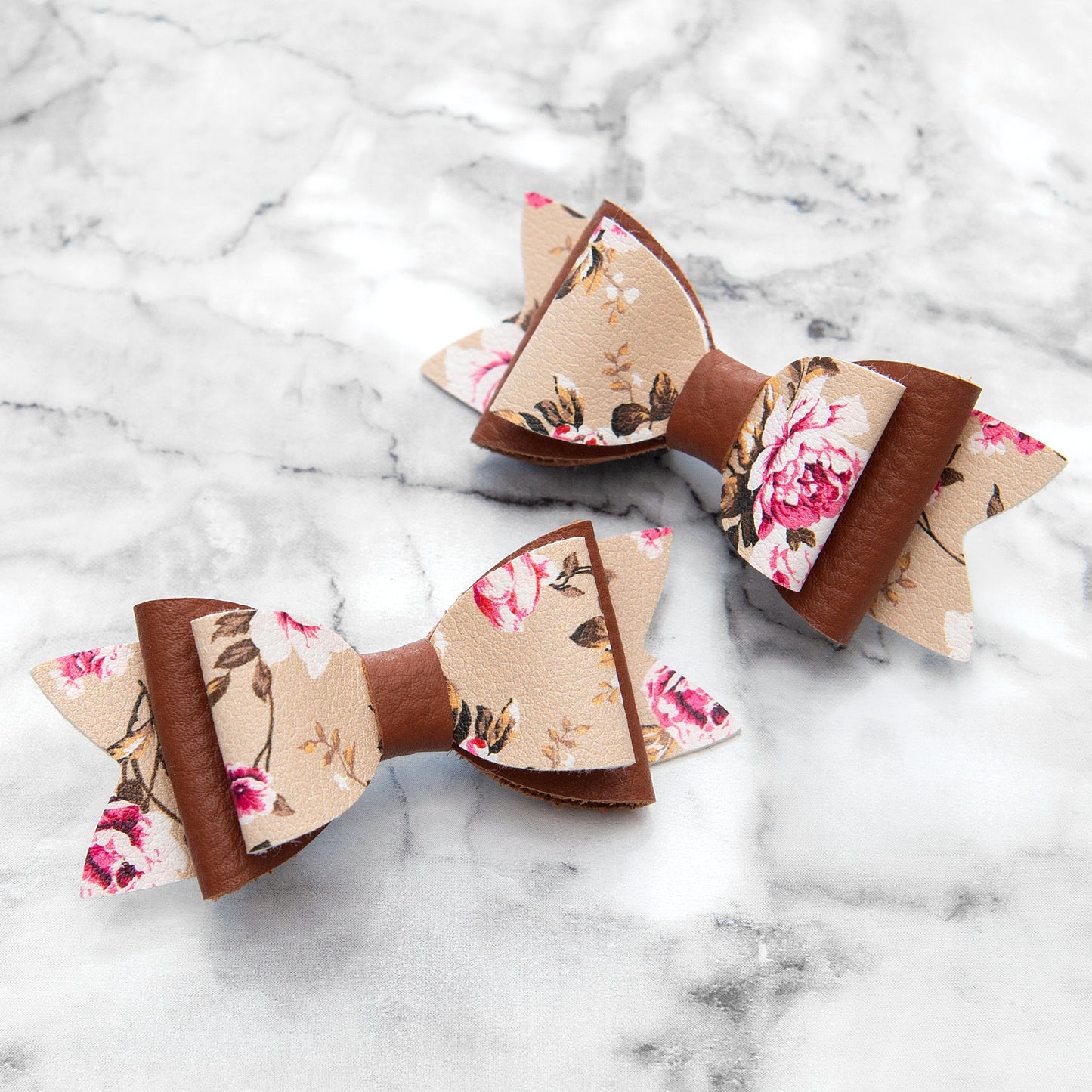 Vintage Floral & Tan Leather Hair Bows