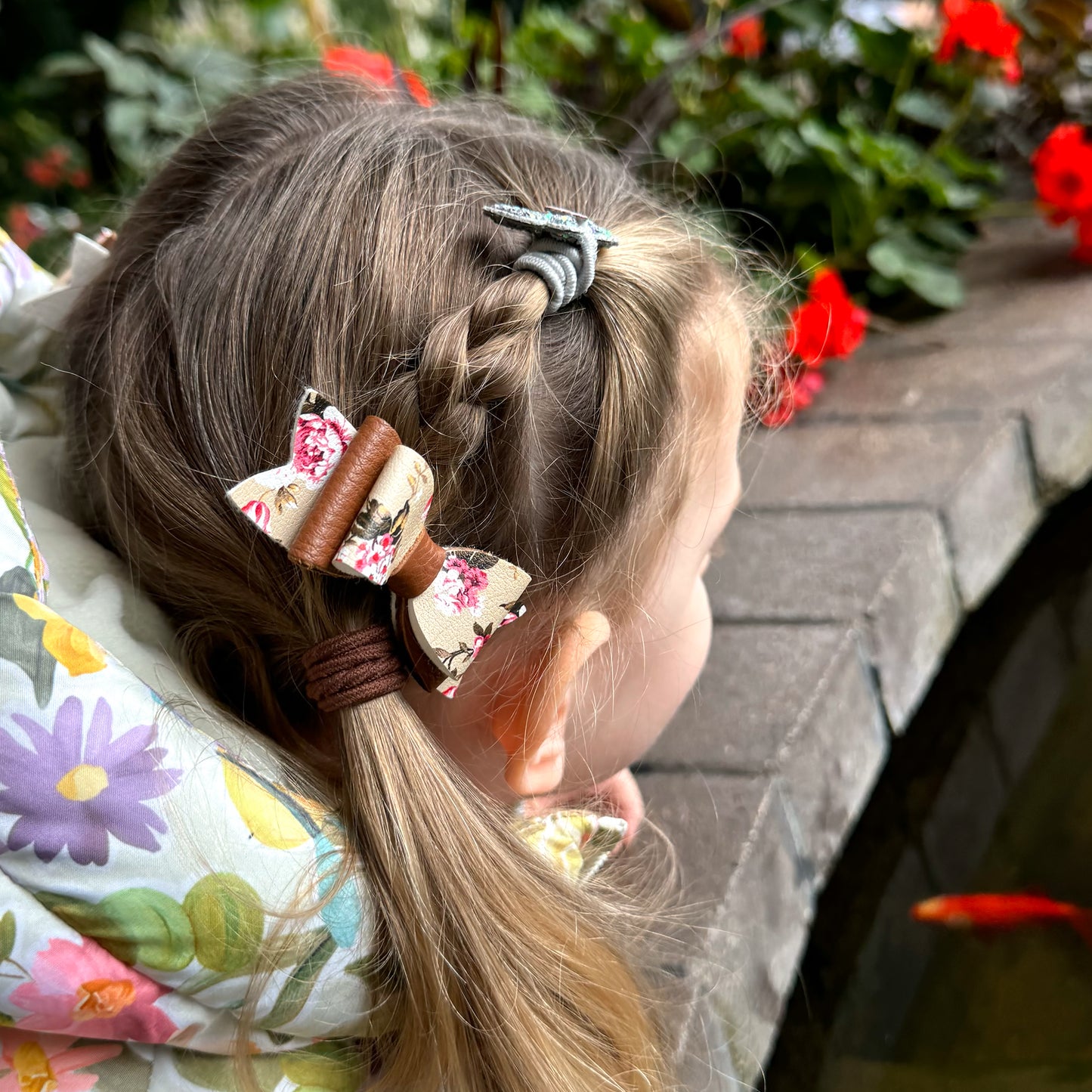 Vintage Floral & Tan Leather Hair Bows